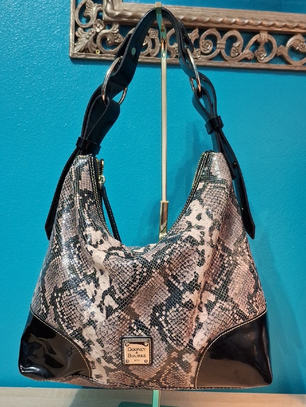 Dooney & Bourke Nikki  Snake-Print Hobo with Black Patent Trim